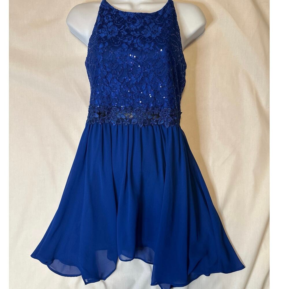 Iz-Byer-Girl party dress sequence top w/embroidered waist band sheer knee length